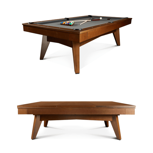 Doc & Holliday Scholar Slate Pool Table in pecan finish with optional 3-piece leaf dining top shown in lifestyle setting — luxury multi-use game room furniture made in the USA.