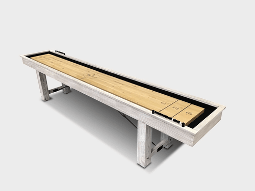 Montauk Shuffleboard Table in White Wash by Playcraft shown in a rustic contemporary game room with black turnbuckle hardware and solid butcher block playfield.