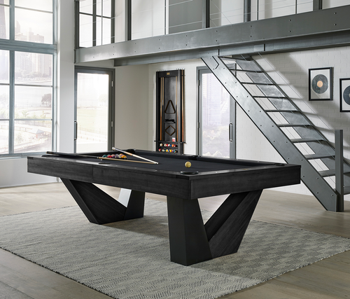 The Annex 8ft Pool Table by American Heritage Billiards in a sleek Black Ash finish with leather drop pockets and a modern design.