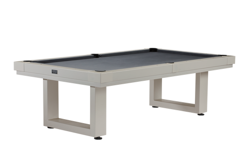 Lanai Outdoor Slate Pool Table showcased outdoors, highlighting its sleek Oyster Grey finish and professional-grade slate surface, perfect for competitive gameplay in a sophisticated setting.