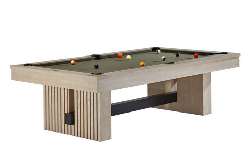 Vancouver 8' Slate Pool Table by American Heritage Billiards in Natural Ash with reeded wood legs, a professional-grade slate surface, and spill-proof Championship Invitational felt. Perfect for luxury game rooms, available exclusively at Sawyer Twain.