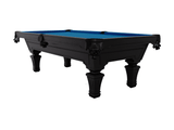 The Benton 8-foot Slate Pool Table by Doc & Holliday in a rich Matte Black finish, shown on a white background. Features include fluted tapered legs, routed apron detailing, genuine leather drop pockets, and a premium three-piece Brazilian slate playfield. Crafted in the USA from solid poplar wood, this luxury billiard table combines classic design with modern elegance—ideal for upscale game rooms and designer interiors.