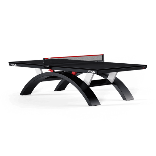 STIGA Paragon table tennis table in stealth black finish displayed on a clean white background, highlighting its curved arc-leg base, matte surface, and modern silhouette with minimalist clarity.
