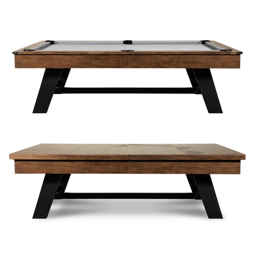 Stacked image showing the Nixon Billiards Hunter Pool Table in Brushed Walnut with the dining top placed on top. The dual images demonstrate the table's versatile design, perfect for both pool and dining needs. A premium addition to any home or game room.
