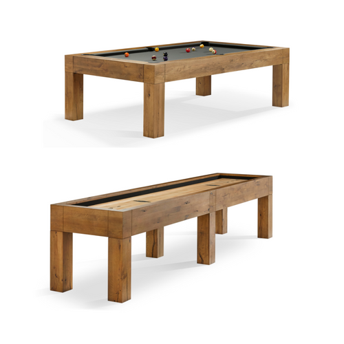 Brunswick Parsons Pool Table and Shuffleboard Combo featuring a hand-weathered oak finish. Perfectly matched for cohesive game room decor, blending elegance and functionality.