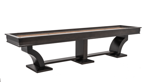 Paxton Shuffleboard Table shown in Vintage Sable finish with arc-style base and maple playfield. Clean side profile highlights the solid wood frame and rich texture.